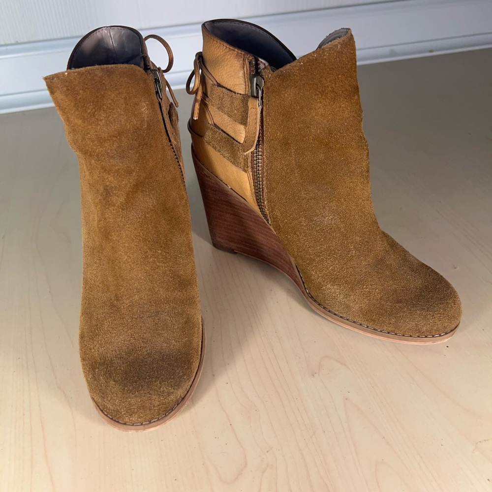 Hinge Camel Suede Wedge Ankle Boots